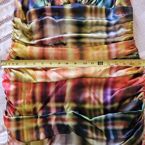 Designer Rickie Freeman Teri Jon silk rainbow rushed fitted dress size 12 - Picture 6 of 11